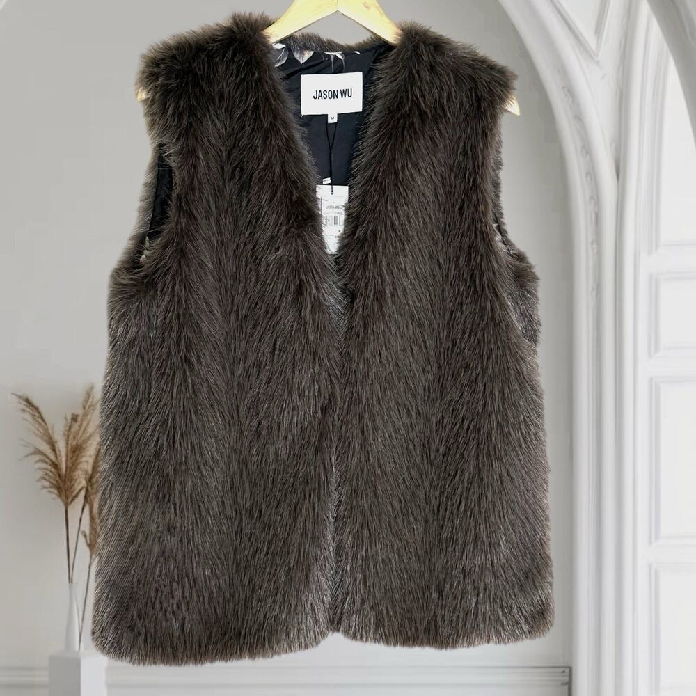 Jason Wu NEW Dark Grey Faux Fur Vest Sz M Floral Lined Pockets Furrier Hook $148